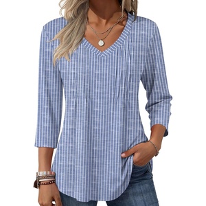 Zeagoo 3/4 Length Sleeve Womens Tops Casual V Neck Pleated Top Boho Floral Blouses Work Shirts(Striped 273)