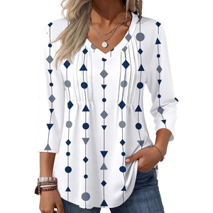 Zeagoo 3/4 Length Sleeve Womens Tops Casual V Neck Pleated Top Boho Floral Blouses Work Shirts(White Striped 599)