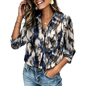 Zeagoo Button Down Shirts for Women 3/4 Length Sleeve Work Tops V Neck Shirts Dressy Casual Business Blouses with Pocket(Zr220)
