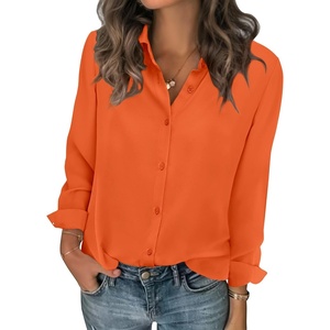 Zeagoo Women Blouses Chiffon Long Sleeve Button Down Shirts Business Causal Dressy Work Top V Neck Summer Spring Clothes(Orange)