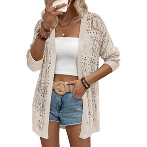 Zeagoo Womens 2026 Summer Crochet Cardigan Sweaters Lightweight Long Sleeve Open Front Kimono Boho Knit Cover Ups(Apricot)