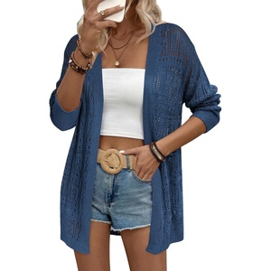 Zeagoo Womens 2026 Summer Crochet Cardigan Sweaters Lightweight Long Sleeve Open Front Kimono Boho Knit Cover Ups(Dark Blue)