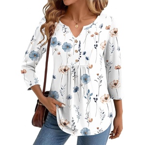 Zeagoo Womens 3/4 Length Sleeve Tops V Neck Dressy Casual T Shirts Pleated Business Work Blouses Basic Tees S-3XL(Bf290)