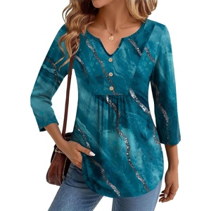 Zeagoo Womens 3/4 Length Sleeve Tops V Neck Dressy Casual T Shirts Pleated Business Work Blouses Basic Tees S-3XL(Cx287)