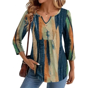 Zeagoo Womens 3/4 Length Sleeve Tops V Neck Dressy Casual T Shirts Pleated Business Work Blouses Basic Tees S-3XL(Cx289)