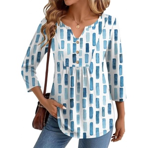 Zeagoo Womens 3/4 Length Sleeve Tops V Neck Dressy Casual T Shirts Pleated Business Work Blouses Basic Tees S-3XL(Cx329)