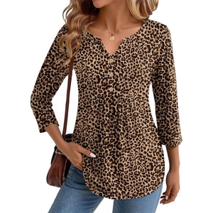 Zeagoo Womens 3/4 Length Sleeve Tops V Neck Dressy Casual T Shirts Pleated Business Work Blouses Basic Tees S-3XL(D-an136)