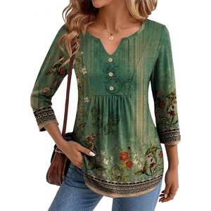 Zeagoo Womens 3/4 Length Sleeve Tops V Neck Dressy Casual T Shirts Pleated Business Work Blouses Basic Tees S-3XL(Mz839)