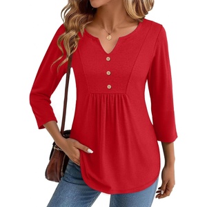 Zeagoo Womens 3/4 Length Sleeve Tops V Neck Dressy Casual T Shirts Pleated Business Work Blouses Basic Tees S-3XL(Red)