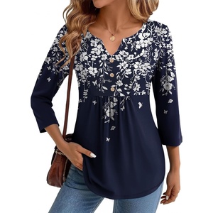 Zeagoo Womens 3/4 Length Sleeve Tops V Neck Dressy Casual T Shirts Pleated Business Work Blouses Basic Tees S-3XL(Sf103)