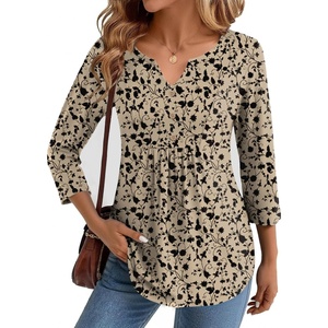 Zeagoo Womens 3/4 Length Sleeve Tops V Neck Dressy Casual T Shirts Pleated Business Work Blouses Basic Tees S-3XL(Sf154)