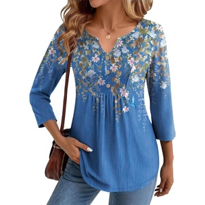 Zeagoo Womens 3/4 Length Sleeve Tops V Neck Dressy Casual T Shirts Pleated Business Work Blouses Basic Tees S-3XL(Sf233)