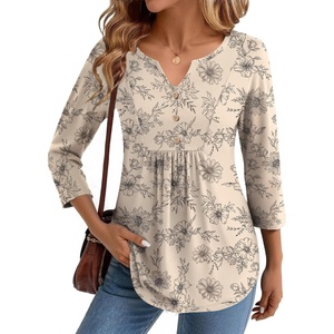 Zeagoo Womens 3/4 Length Sleeve Tops V Neck Dressy Casual T Shirts Pleated Business Work Blouses Basic Tees S-3XL(Sp31)
