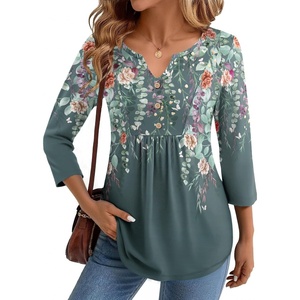 Zeagoo Womens 3/4 Length Sleeve Tops V Neck Dressy Casual T Shirts Pleated Business Work Blouses Basic Tees S-3XL(Wf71)