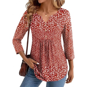 Zeagoo Womens 3/4 Length Sleeve Tops V Neck Dressy Casual T Shirts Pleated Business Work Blouses Basic Tees S-3XL(Xh518)