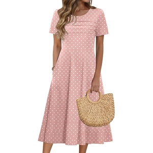 Zeagoo Womens Casual Dresses for Summer Short Sleeve Flare Midi Dress Loose Beach Sundress Pleated Front Dress with Pockets(Pink Jh1)