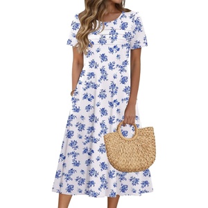 Zeagoo Womens Casual Dresses for Summer Short Sleeve Flare Midi Dress Loose Beach Sundress Pleated Front Dress with Pockets(White Dh342)