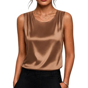 Zeagoo Womens Satin Tank Top Pleated Sleeveless Blouse Dressy Casual Tops Crewneck Silk Shirts Business Summer Clothes(Dark Khaki)