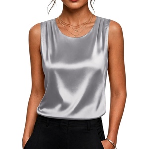 Zeagoo Womens Satin Tank Top Pleated Sleeveless Blouse Dressy Casual Tops Crewneck Silk Shirts Business Summer Clothes(Gray)