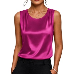 Zeagoo Womens Satin Tank Top Pleated Sleeveless Blouse Dressy Casual Tops Crewneck Silk Shirts Business Summer Clothes(Rose Red)