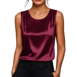 Zeagoo Womens Satin Tank Top Pleated Sleeveless Blouse Dressy Casual Tops Crewneck Silk Shirts Business Summer Clothes(Wine Red)