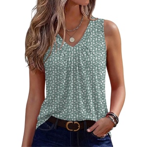 Zeagoo Womens Tank Tops Summer Sleeveless Loose Fit Tops V Neck Pleated Shirts Basic Tees Dressy Casual Trendy Clothes(Xh521-green Floral)