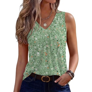 Zeagoo Womens Tank Tops Summer Sleeveless Loose Fit Tops V Neck Pleated Shirts Basic Tees Dressy Casual Trendy Clothes(Xh534- Green Flower)