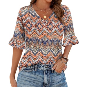 Zeagoo Womens Tops Casual V Neck Shirts Floral Solid Blouse Ruffle Tunics 3/4 Sleeve Tshirt S-XXL(Boho Printing)