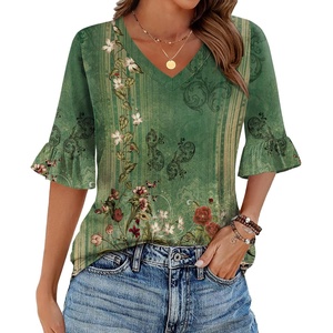 Zeagoo Womens Tops Casual V Neck Shirts Floral Solid Blouse Ruffle Tunics 3/4 Sleeve Tshirt S-XXL(Green Painting)