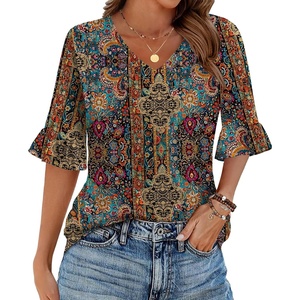 Zeagoo Womens Tops Casual V Neck Shirts Floral Solid Blouse Ruffle Tunics 3/4 Sleeve Tshirt S-XXL(Mz721)