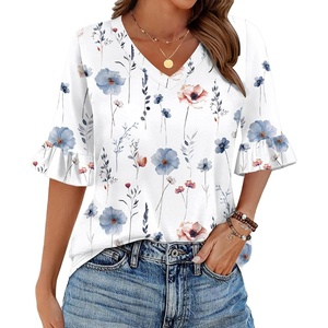 Zeagoo Womens Tops Casual V Neck Shirts Floral Solid Blouse Ruffle Tunics 3/4 Sleeve Tshirt S-XXL(White Floral)