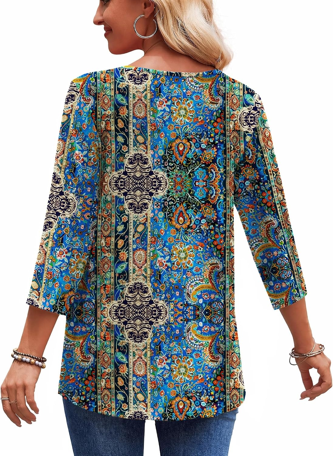 image:imageZeagoo 34 Length Sleeve Womens Tops 2026 Blouses for Women Dressy Casual Fashion Clothing V Neck TShirts Summer OutfitsBlue Boho Print