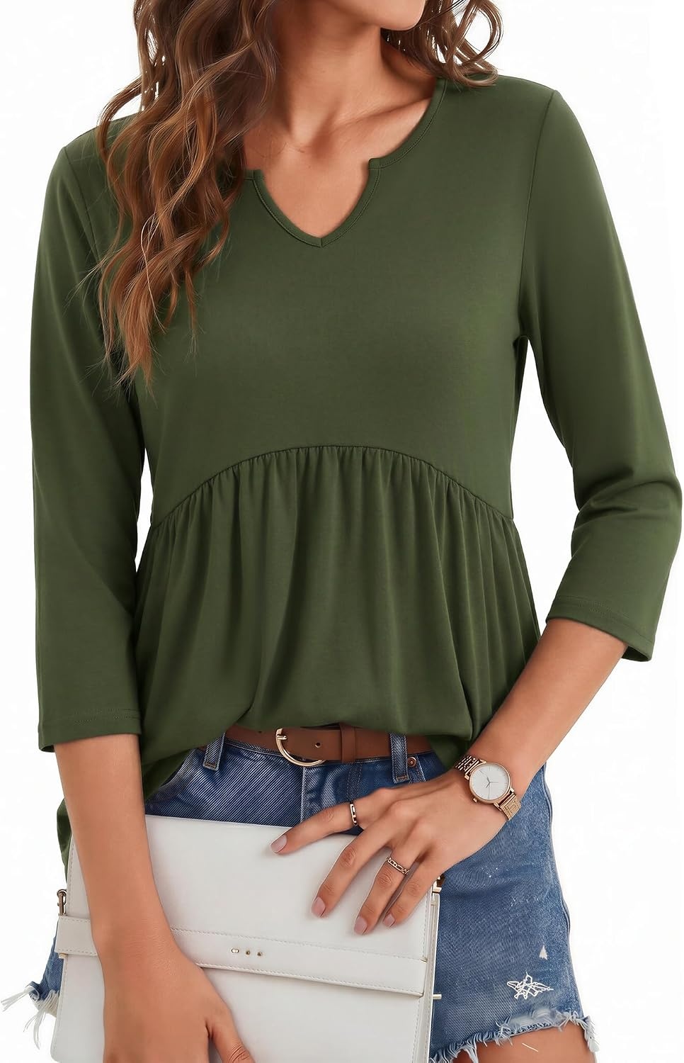 image:imageZeagoo 34 Length Sleeve Womens Tops 2026 Blouses for Women Dressy Casual Fashion Clothing V Neck TShirts Summer OutfitsGreen