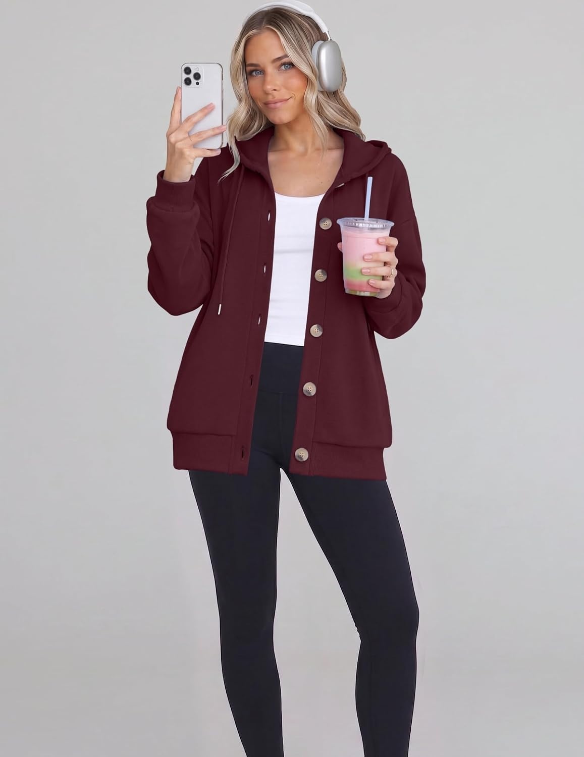 image:imageZeagoo Hoodie for Women Oversized Hooded Sweatshirt Button Hoodies With Pockets Comfy Fleece Jackets 2026 Fashion S3XLDark Red