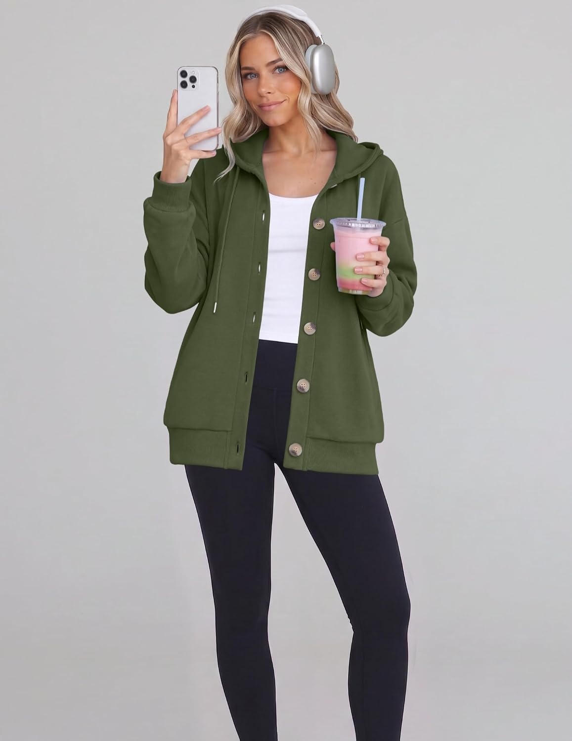 image:imageZeagoo Hoodie for Women Oversized Hooded Sweatshirt Button Hoodies With Pockets Comfy Fleece Jackets 2026 Fashion S3XLGreen