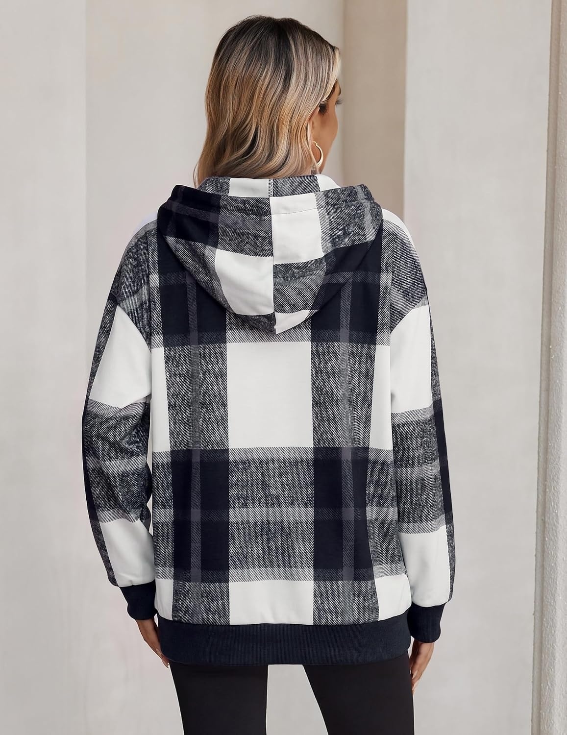 image:imageZeagoo Hoodie for Women Oversized Hooded Sweatshirt Button Hoodies With Pockets Comfy Fleece Jackets 2026 Fashion S3XLGrey Black Plaid