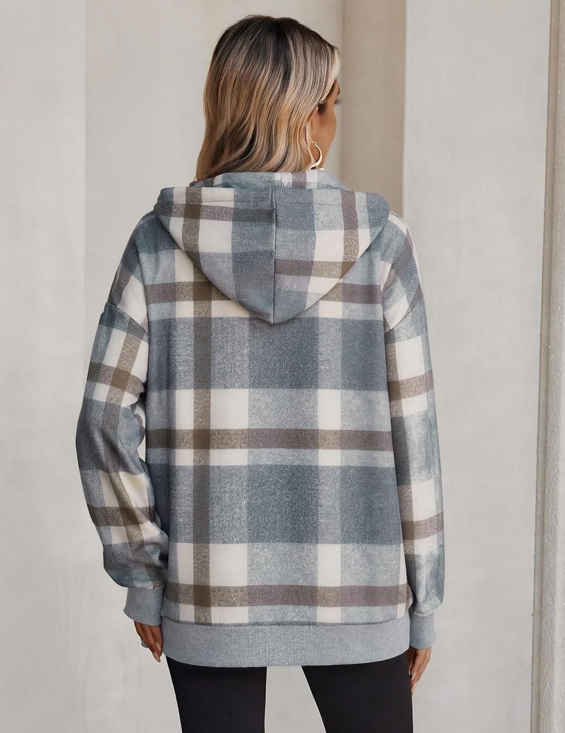 image:imageZeagoo Hoodie for Women Oversized Hooded Sweatshirt Button Hoodies With Pockets Comfy Fleece Jackets 2026 Fashion S3XLGreybrown Plaid