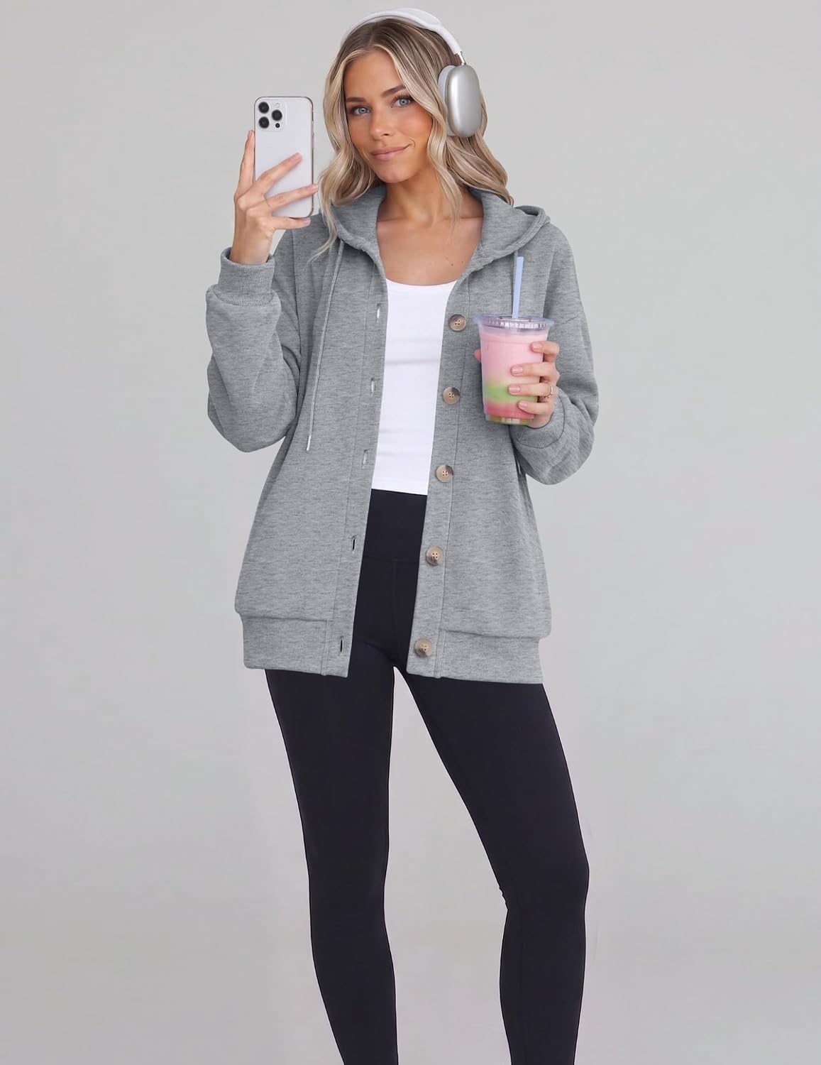 image:imageZeagoo Hoodie for Women Oversized Hooded Sweatshirt Button Hoodies With Pockets Comfy Fleece Jackets 2026 Fashion S3XLLight Gray