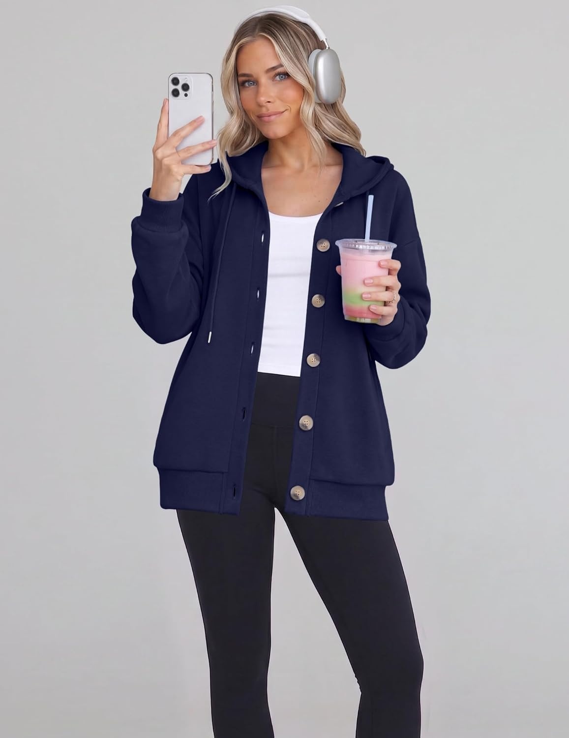 image:imageZeagoo Hoodie for Women Oversized Hooded Sweatshirt Button Hoodies With Pockets Comfy Fleece Jackets 2026 Fashion S3XLNavy Blue