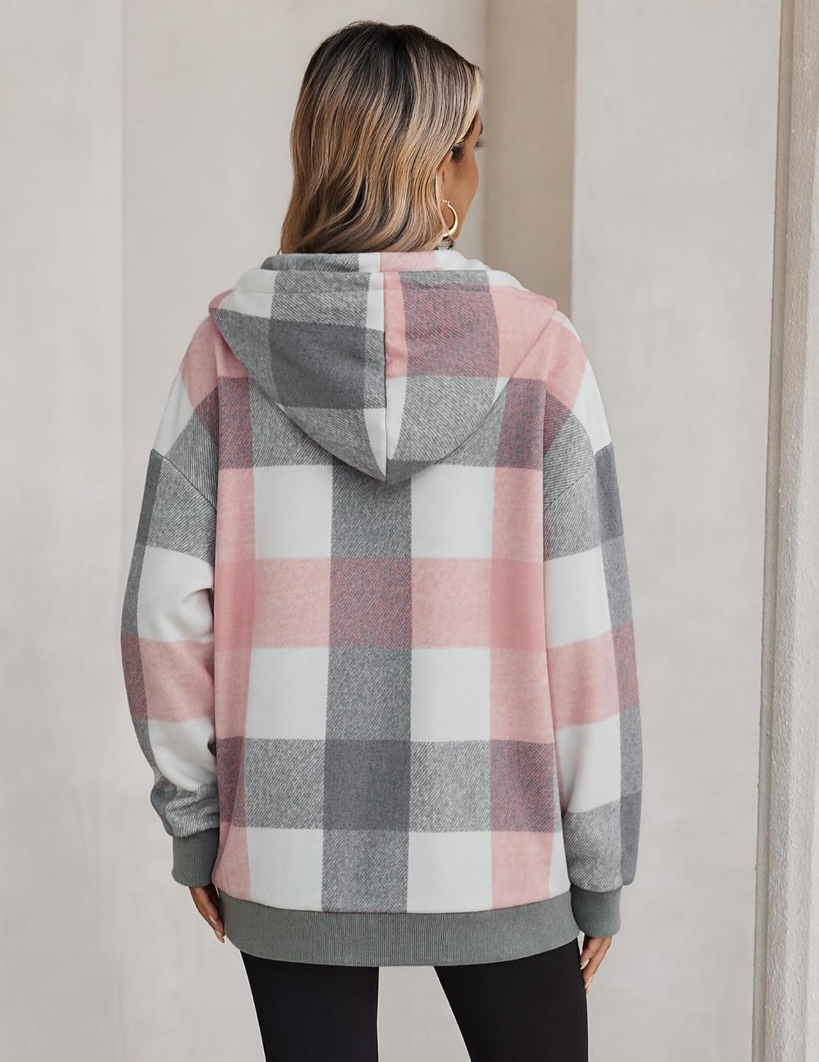 image:imageZeagoo Hoodie for Women Oversized Hooded Sweatshirt Button Hoodies With Pockets Comfy Fleece Jackets 2026 Fashion S3XLPink Plaid