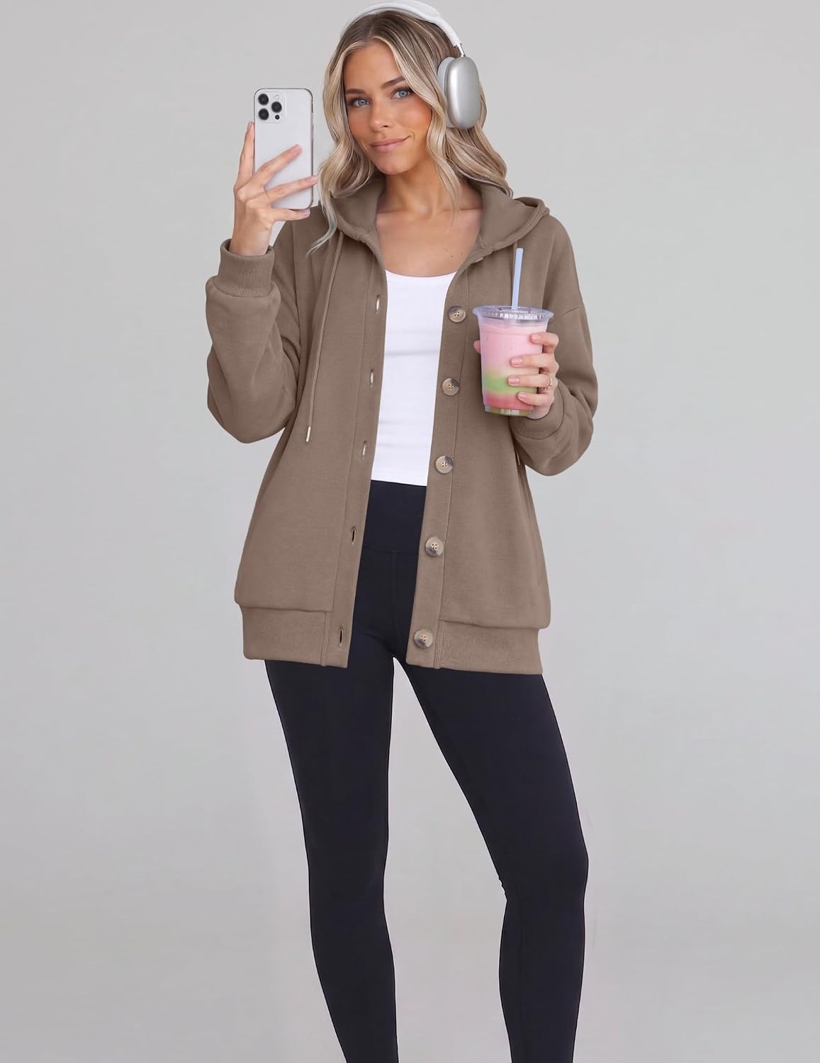 image:imageZeagoo Hoodie for Women Oversized Hooded Sweatshirt Button Hoodies With Pockets Comfy Fleece Jackets 2026 Fashion S3XLTea Ash