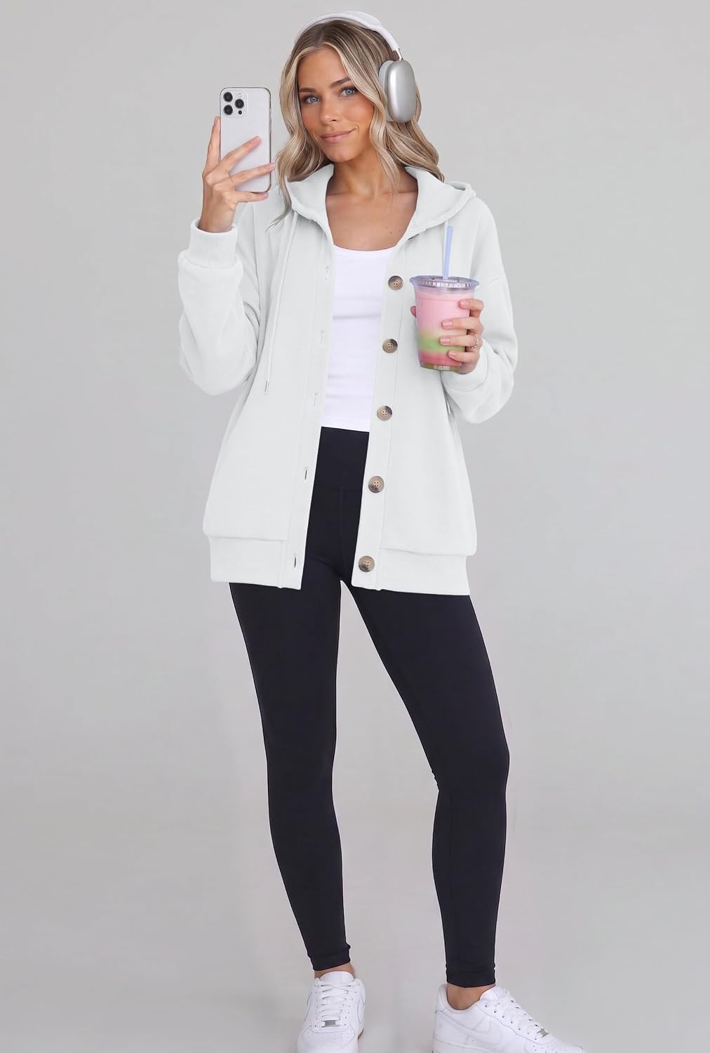 image:imageZeagoo Hoodie for Women Oversized Hooded Sweatshirt Button Hoodies With Pockets Comfy Fleece Jackets 2026 Fashion S3XLWhite