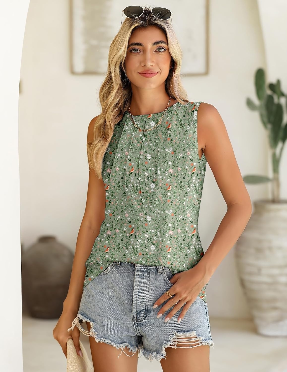 image:imageZeagoo Summer Tank Top for Women 2026 Pleated High Neck Tops Loose Fit Flowy Dressy Tunic Sleeveless ShirtsBxh534