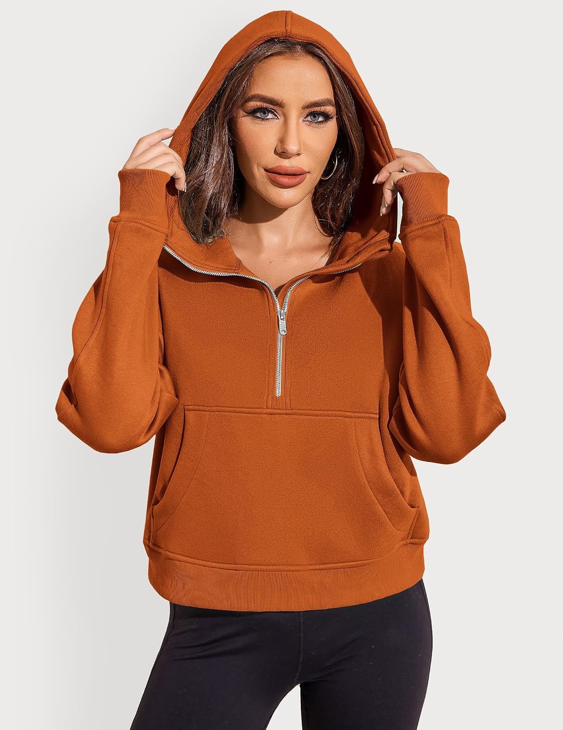 image:imageZeagoo Women Plus Size Zipper Hoodie Long Sleeve 2024 Trendy Sweatshirts Athletic Cropped Tops Dark Grey LargeBrick Red