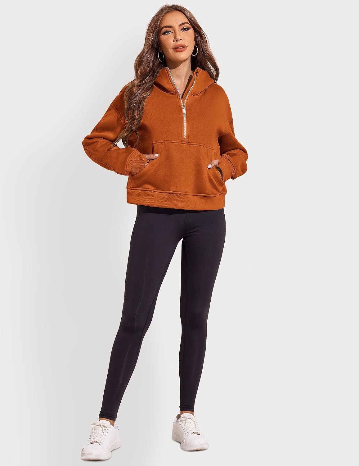 image:imageZeagoo Women Plus Size Zipper Hoodie Long Sleeve 2024 Trendy Sweatshirts Athletic Cropped Tops Dark Grey LargeBrick Red