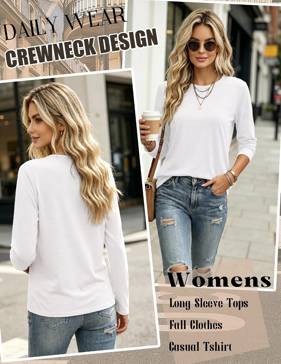 image:imageZeagoo Womens Casual Shirts Long Sleeve Tops Soft Crewneck Tshirts Basic Tee Business Workout Outfit 2026 Fall ClothesA White