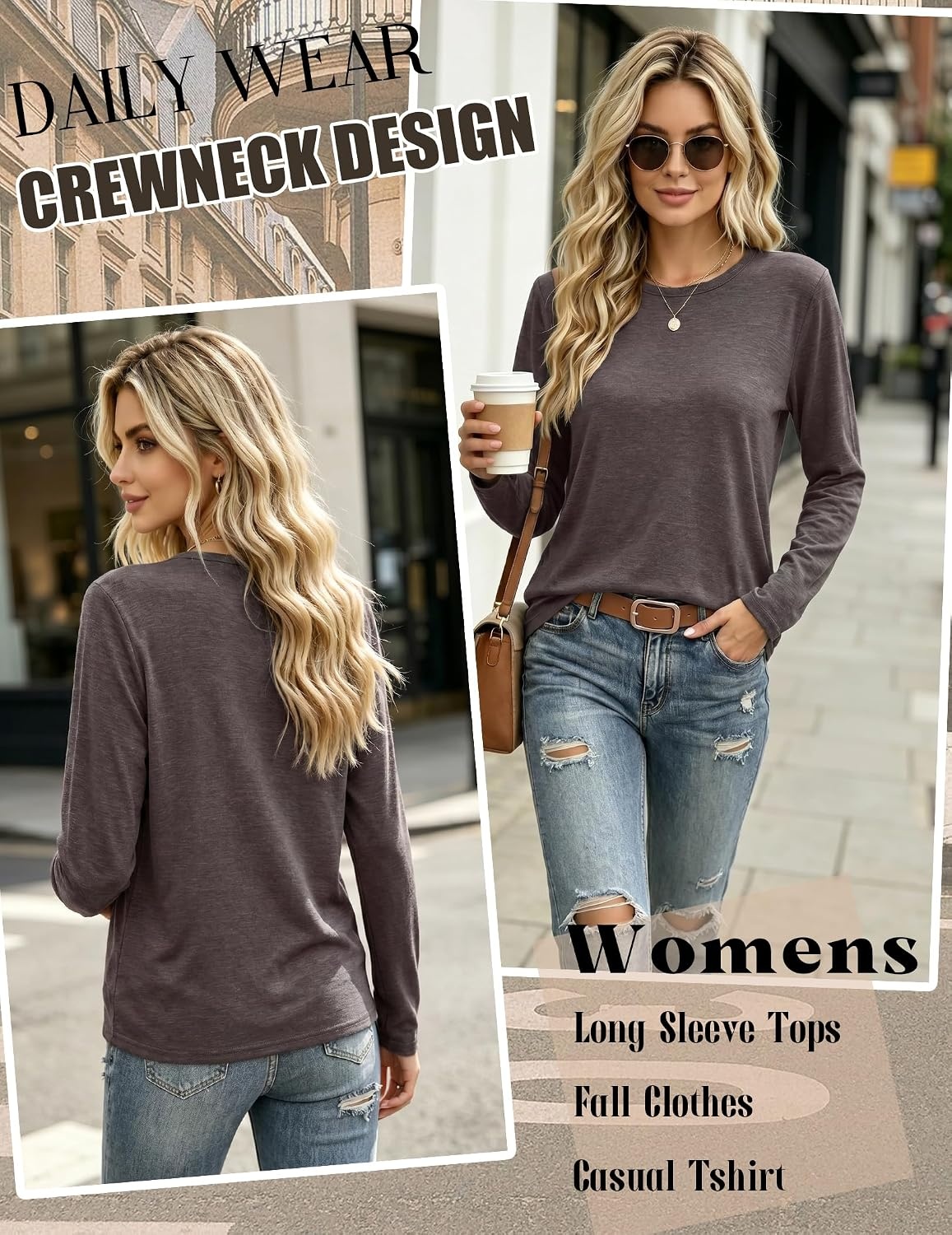 image:imageZeagoo Womens Casual Shirts Long Sleeve Tops Soft Crewneck Tshirts Basic Tee Business Workout Outfit 2026 Fall ClothesBrown