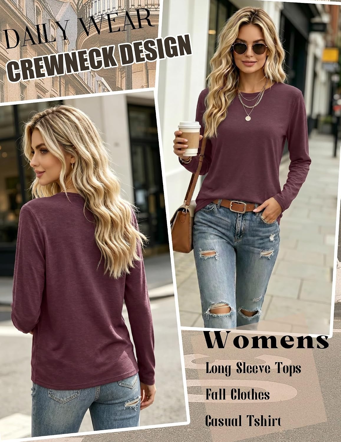 image:imageZeagoo Womens Casual Shirts Long Sleeve Tops Soft Crewneck Tshirts Basic Tee Business Workout Outfit 2026 Fall ClothesDark Red