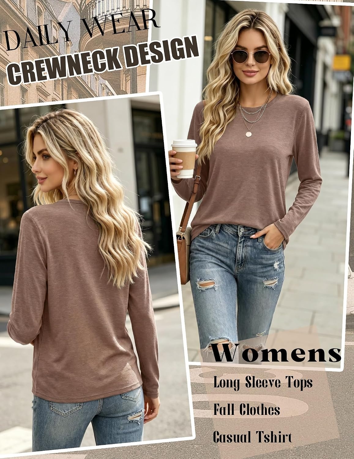 image:imageZeagoo Womens Casual Shirts Long Sleeve Tops Soft Crewneck Tshirts Basic Tee Business Workout Outfit 2026 Fall ClothesKhaki