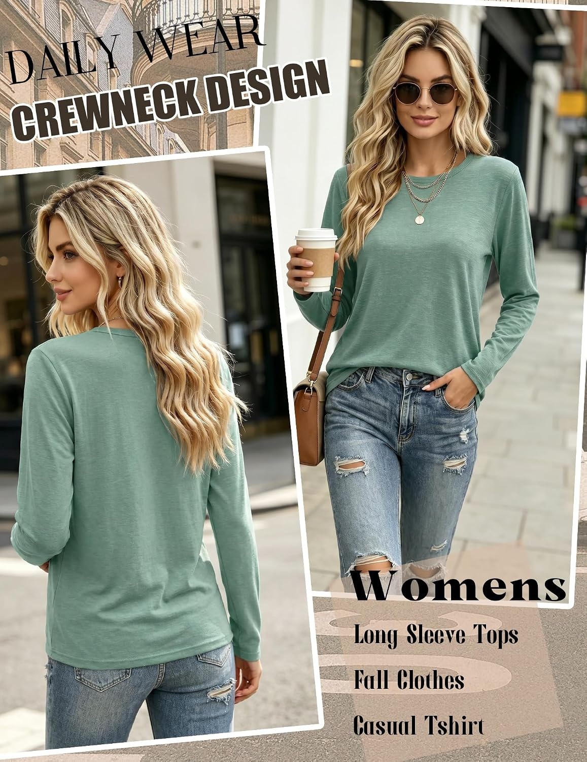 image:imageZeagoo Womens Casual Shirts Long Sleeve Tops Soft Crewneck Tshirts Basic Tee Business Workout Outfit 2026 Fall ClothesLight Green